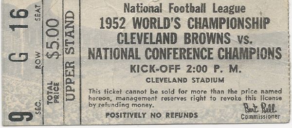 1952 NFL Championship Game Ticket Stub (At Cleveland) 