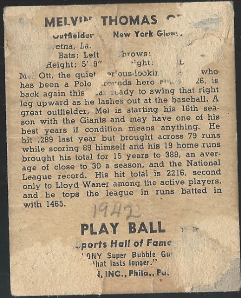 1941 Mel Ott (HOF) Play Ball Baseball Card