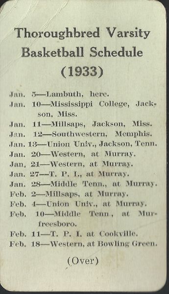 1933 Murray State College Thoroughbred Basketball Schedule