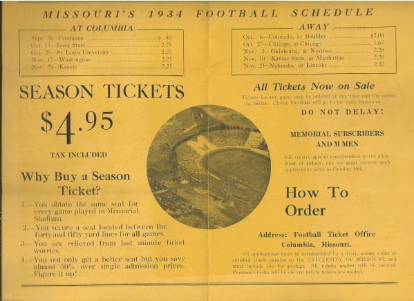 1934 Missouri Tigers Football Ticket Information Fold Out Brochure 