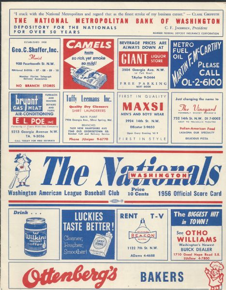 1956 Washington Nationals Scorecard vs Baltimore Orioles