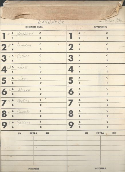 1986 Chicago Cubs Official Spring Training Line-Up Card