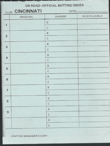 Circa 1980's Cincinnati Reds Official Unused Road Line-Up Card