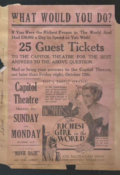 C. 1933 Movie Star Handbill from the Capitol Theatre in Murray, Kentucky