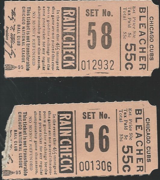  C. 1930's Chicago Cubs Lot of (2) Bleacher Seat Ticket Stubs