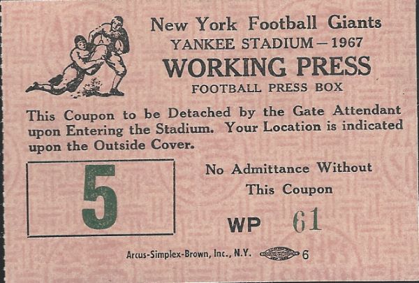 1967 NY Football Giants Game Day Working Press Box Pass