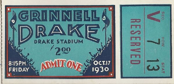 1930 Drake University Football Program vs Grinnell College with Ticket Stub