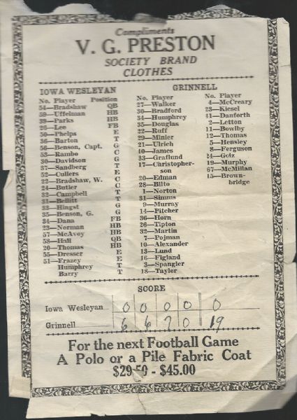 C. 1930 Grinnell College Football Team (Iowa) Handbill with Complimentary Scorecard