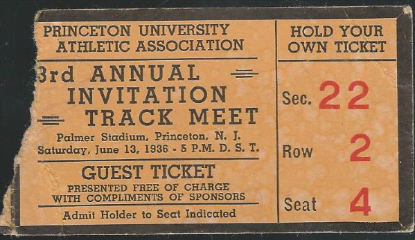 1936 Princeton University Track & Field Meet Ticket