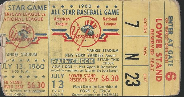 1960 MLB All-Star Game Ticket at Yankee Stadium