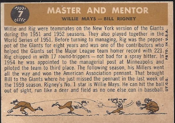 1960 Willie Mays & Bill Rigney - Master & Mentor Topps Card (Better Condition)