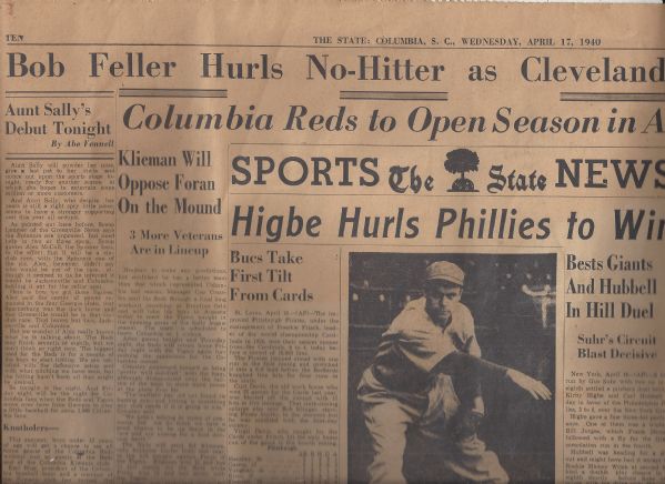 1940 Bob Feller (HOF) Pitches Opening Day No-Hitter Newspaper Section 