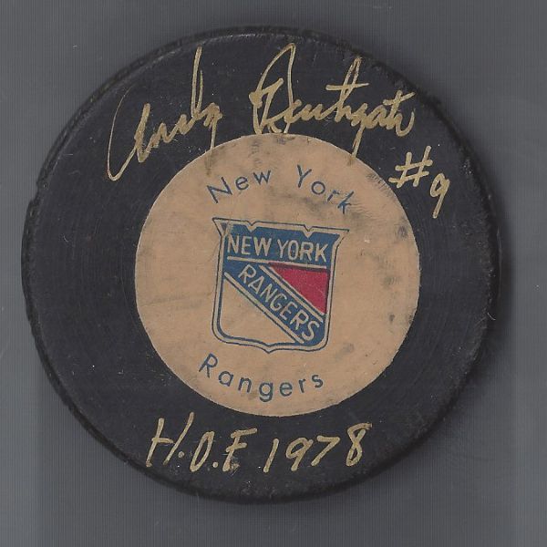 New York Rangers (NHL) Andy Bathgate Autographed Hockey Puck - HOF 1978 