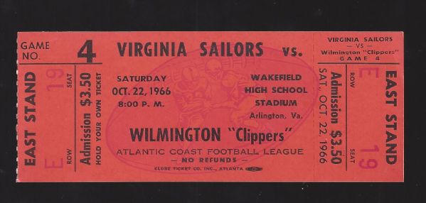 1966 Atlantic Coast Football League Ticket (Pro League) Virginia vs Wilmington 