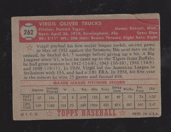 1952 Virgil Trucks Topps Baseball Card