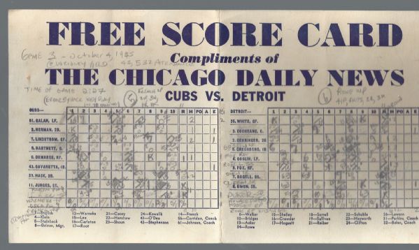 1945 World Series (Cubs vs Tigers) Unofficial Scorecard Issued from Chicago Daily News