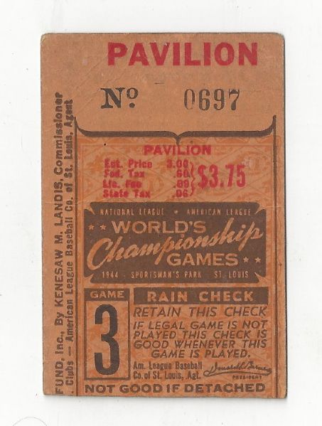 1944 World Series Ticket Game # 3 - The All St. Louis Match-up - Cardinals vs Browns