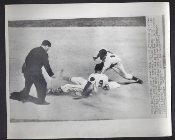 1950's Baseball Wire Photo - Joe Adcock Out at 2nd Base Trying to Stretch a Hit into a Double