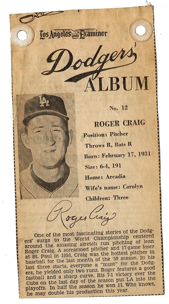 1961 LA Examiner - Roger Craig (LA Dodgers) - Newsprint Baseball Card