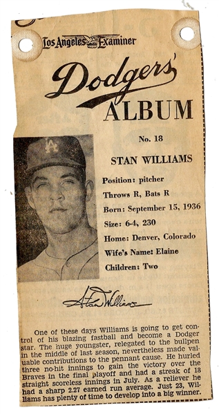 1961 LA Examiner - Stan Williams (LA Dodgers) - Newsprint Baseball Card