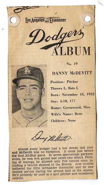 1961 LA Examiner - Danny McDevitt (LA Dodgers) - Newsprint Baseball Card