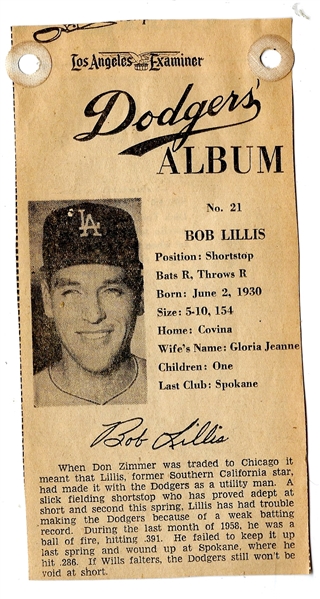 1961 LA Examiner - Bob Lillis (LA Dodgers) - Newsprint Baseball Card