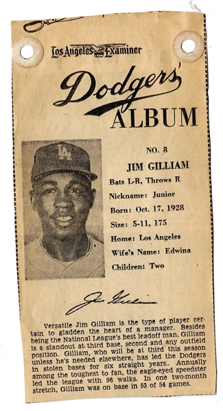 1961 LA Examiner - Jim Gilliam (LA Dodgers) - Newsprint Baseball Card