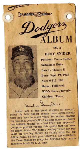 1961 LA Examiner - Duke Snider (HOF - Dodgers) - Newsprint Baseball Card