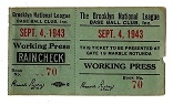 1943 Brooklyn Dodgers (NL) Working Press Pass - 9/4/43 - at Ebbets Field