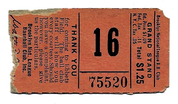 C. 1952 Brooklyn Dodgers (NL) Grandstand Seat Ticket at Ebbets Field