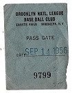 1956 Brooklyn Dodgers (NL) Team Issued Pass Gate - 9/14/56 - at Ebbets Field