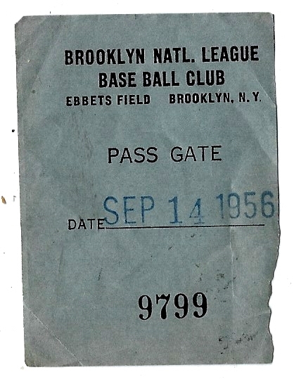 1956 Brooklyn Dodgers (NL) Team Issued Pass Gate - 9/14/56 - at Ebbets Field