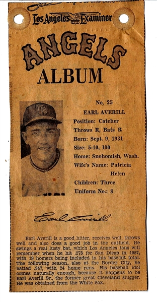 1961 LA Examiner - Earl Averill  (LA Angels - 1st year) - Newsprint Baseball Card