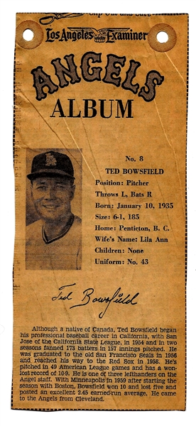 1961 LA Examiner - Ted Bowsfield (LA Angels- 1st Year) - Newsprint Baseball Card