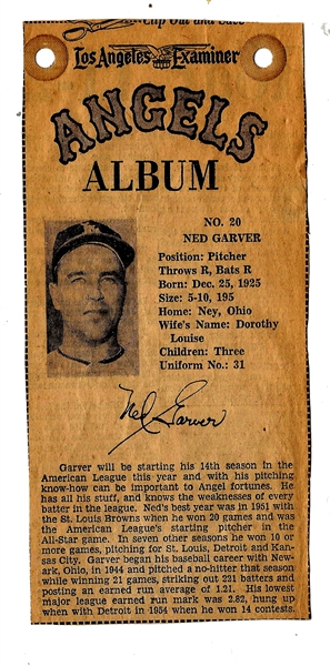 1961 LA Examiner - Ned Garver (LA Angels - 1st Year) - Newsprint Baseball Card