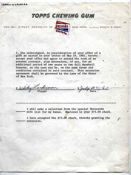 1961 Topps Chewing Gum, Inc. - Whitey Lockman Contractual Confirmation Signed