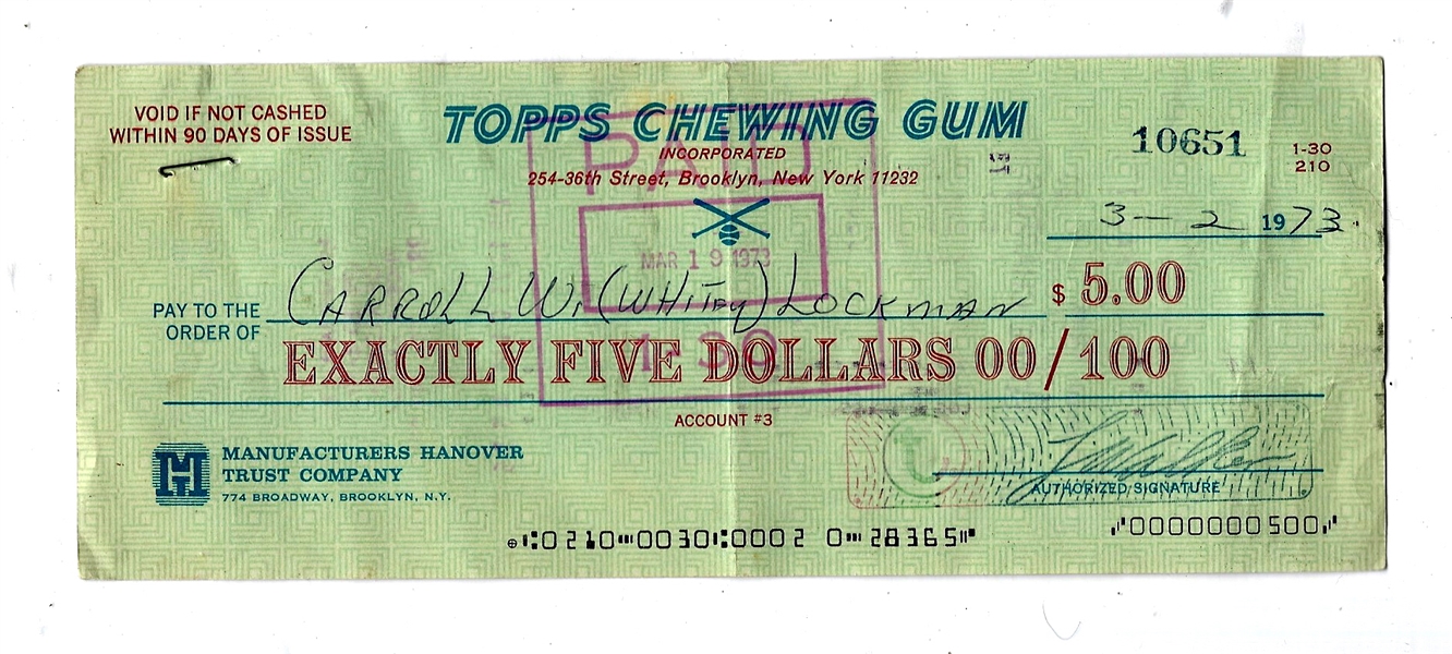 1973 Topps Chewing Gum - Whitey Lockman - Contractual Check