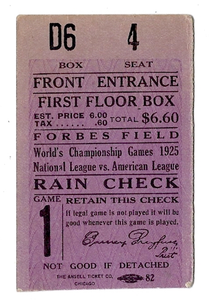 1925 World Series (Pittsburgh Pirates vs. Washington Senators) Game #1 - Walter Johnson WP - Official Ticket