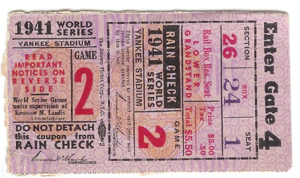 1941 World Series Ticket at Yankee Stadium