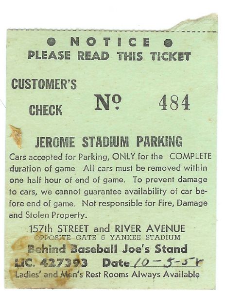 1958 World Series Parking Garage Pass at Yankee Stadium