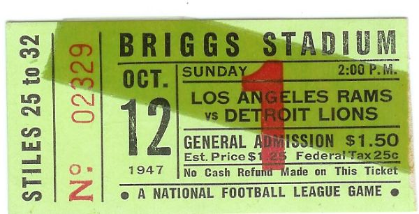 1947 Detroit Lions vs LA Rams NFL Ticket Stub