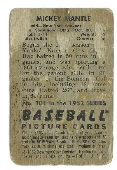 1952 Mickey Mantle Bowman Baseball Card