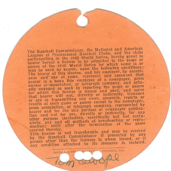 1940 World Series Press Pass at Crosley Field