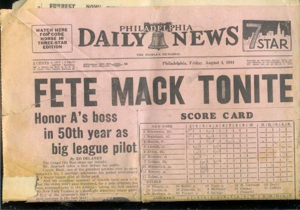 1944 Connie Mack (Philadelphia A's) Night Tribute Newspaper 