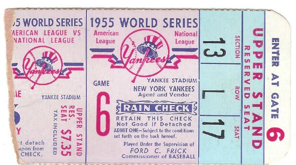 1955 World Series Ticket Game # 6 at Yankee Stadium