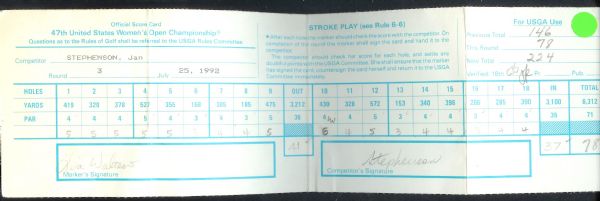 1992 US Women's (USGA) Open Championship Scorecard Signed by Jan Stephenson