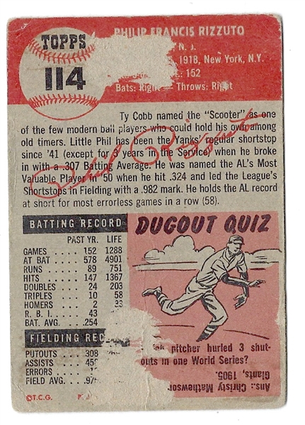 1953 Phil Rizzuto (HOF - NY Yankees) Topps Baseball Card