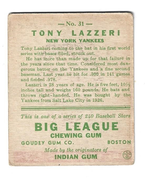 1933 Tony Lazzeri (HOF - NY Yankees) Goudey Baseball Card
