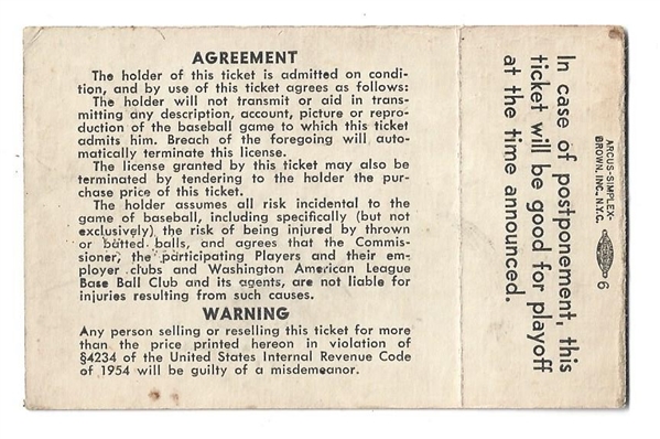 1956 MLB Baseball All-Star Game Ticket at Griffith Stadium 