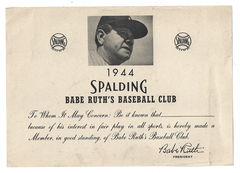 1944 Spalding Babe Ruth's Baseball Club Certificate 